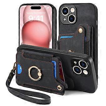 Case For Iphone 13 Pro Max Black With Leather Lanyard Plain Card Holder Wallet No13840