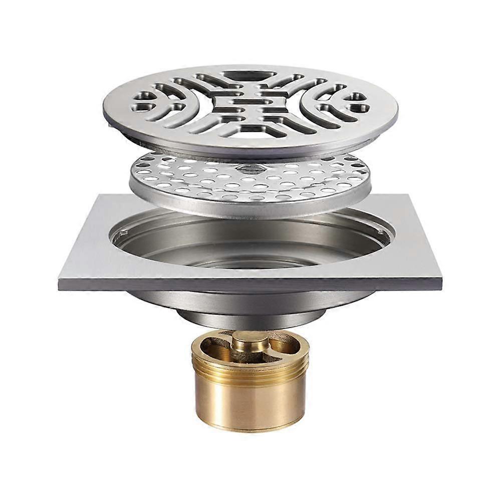 4 Inch Brass Square Shower Drain Cover with AntiClogging Strainer and Removable Grate