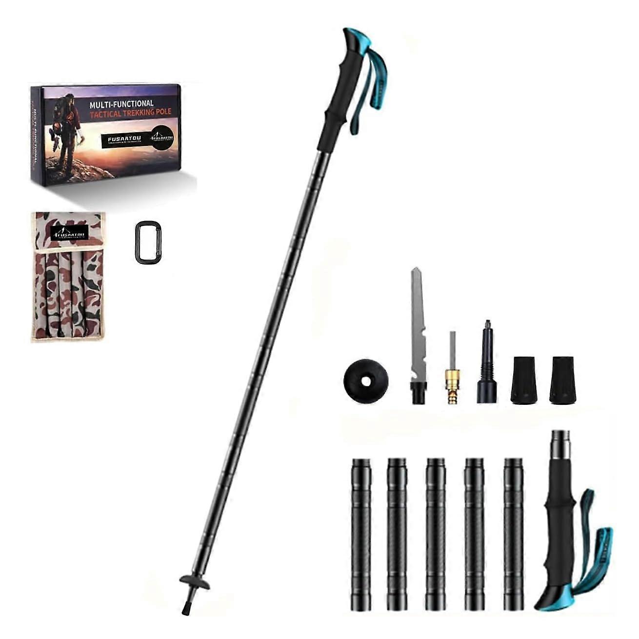 Adjustable Hiking Trekking Pole with Survival Multitool and Collapsible Walking Cane for Camping