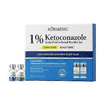 Kit de tratamento capilar com pó liofilizado e óleo de melaleuca para alívio da caspa e conforto do couro cabeludo.