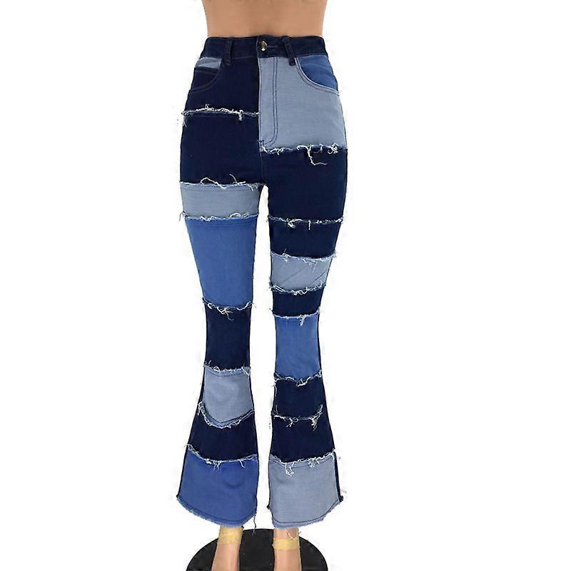 Damen Jeans Patch Flare Bell Bottom Raw Saum