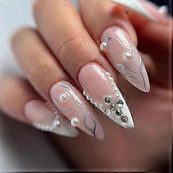 Press on Nails Medium Almond Shaped False Nails with 3D Rhinestones Pearl Designs Silver Flame Acrylic Nails White French Tip Glue on Nails 24 PCS
