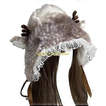 Oversized Deer Hat with Ear Lace Brim Furry Trapper Hat Cartoon Cosplay Photo Props Outdoor Head Wrap