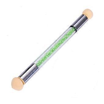 Nail Art Brush Gradient Ombre Tool 2 in 1 with Sponge and Dotting Tip Green Rhinestone Handle