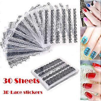 30 Sheets Black and White Floral Nail Art Stickers, SelfAdhesive 3D Lace Decals for DIY Manicure