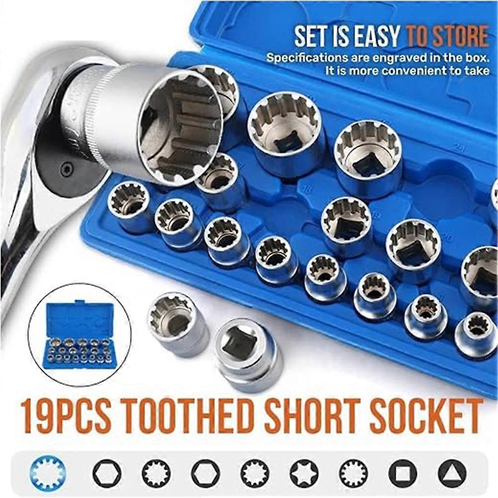 1/2 Inch Drive Multi-Tooth Torx Socket Set 19Pcs with Sizes 8-32 mm, Includes E10-E40 for Versatile Use