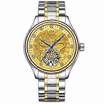 Men's Mechanical Watch Tourbillon Skeleton Dragon Zodiac Gold Dial Two-Tone Solid Steel Band JY