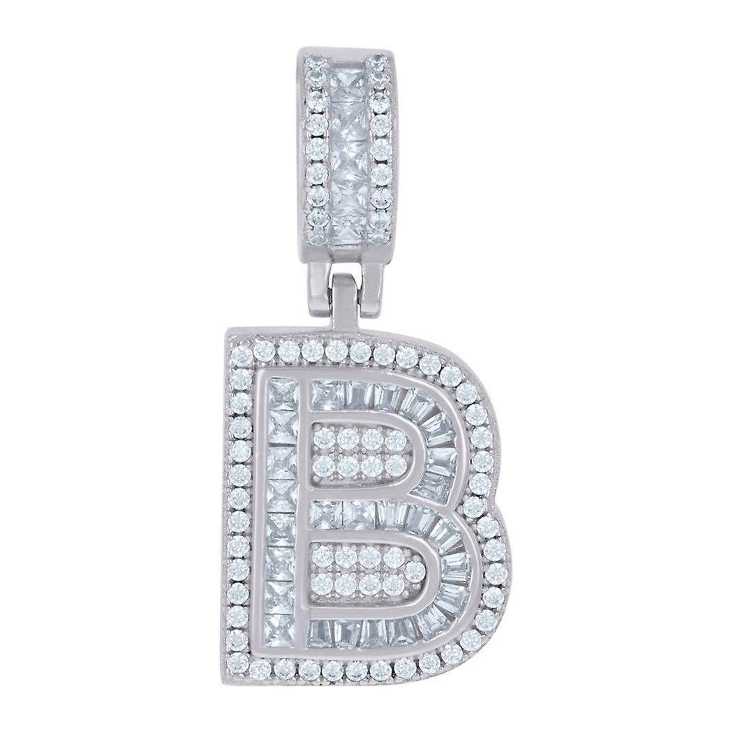 925 Sterling Silver Unisex Round and Baguette Cubic Zirconia Letter Name Personalized Monogram Initial Alphabet B Pendan