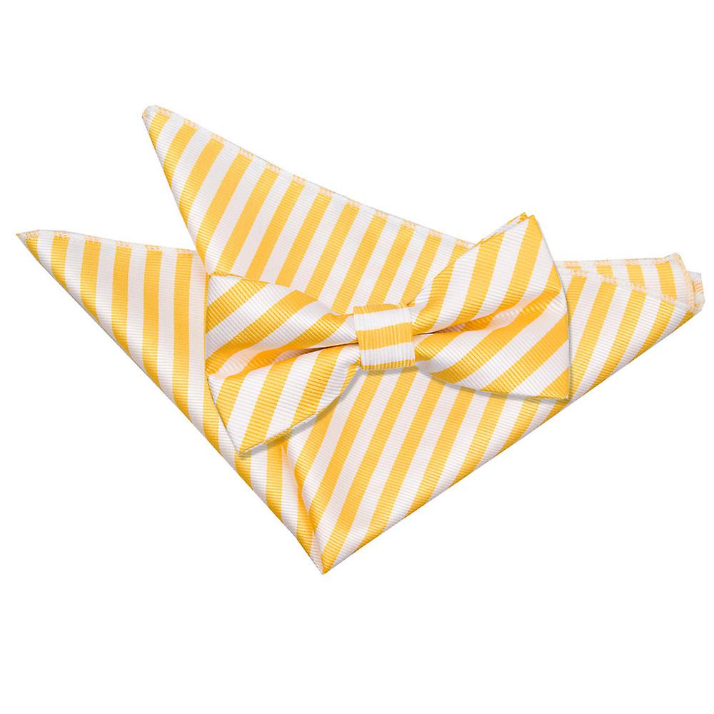 White and Yellow Thin Stripe Bow Tie and Pocket Square Set