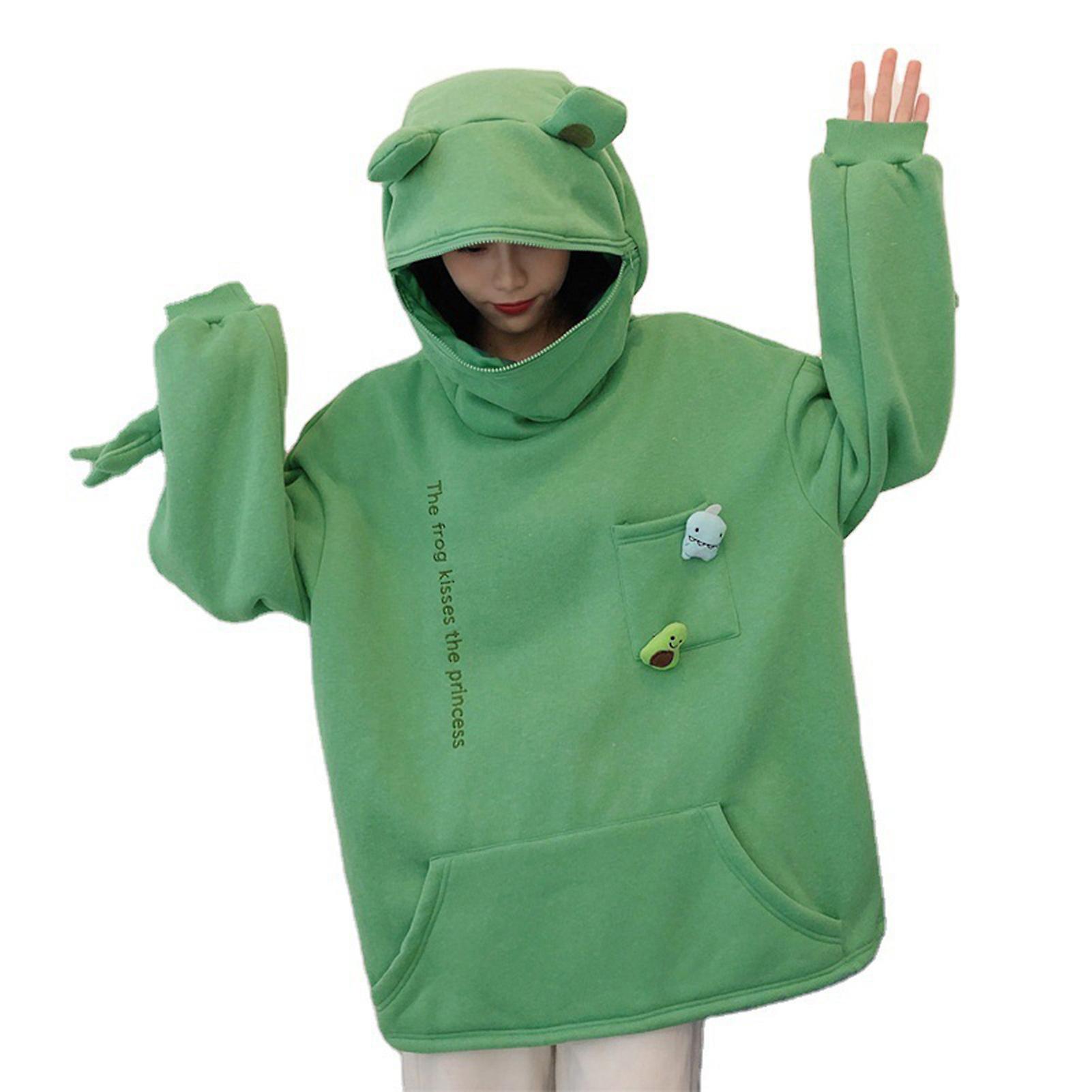 Women Men Hoodie Cartoon Frog Shape Hooded Zipper Pullover Big Patch Pocket Cold-proof Unisex Letter Embroidery Winter Hoodie