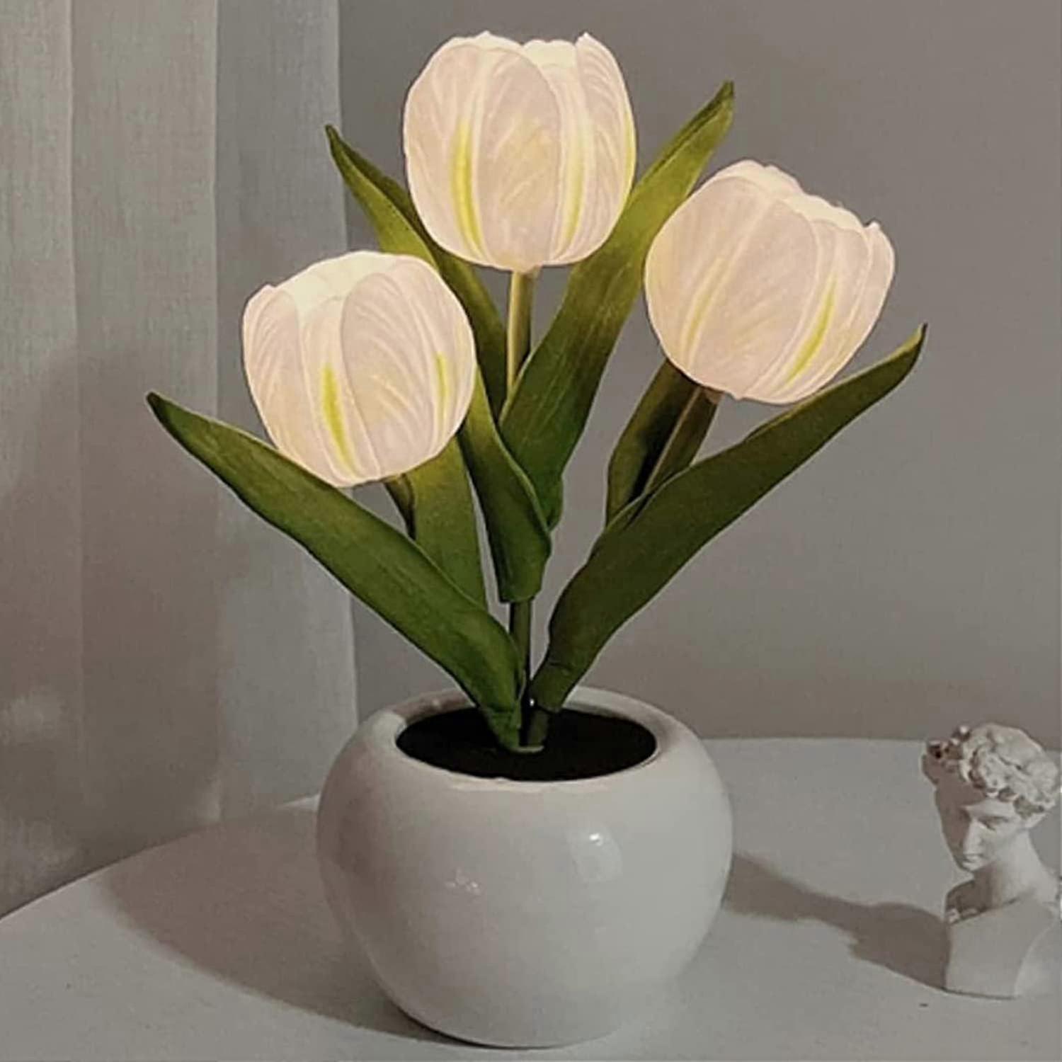 Tulip Night Light with Ceramic Vase Simulation LED Table Lights with Battery