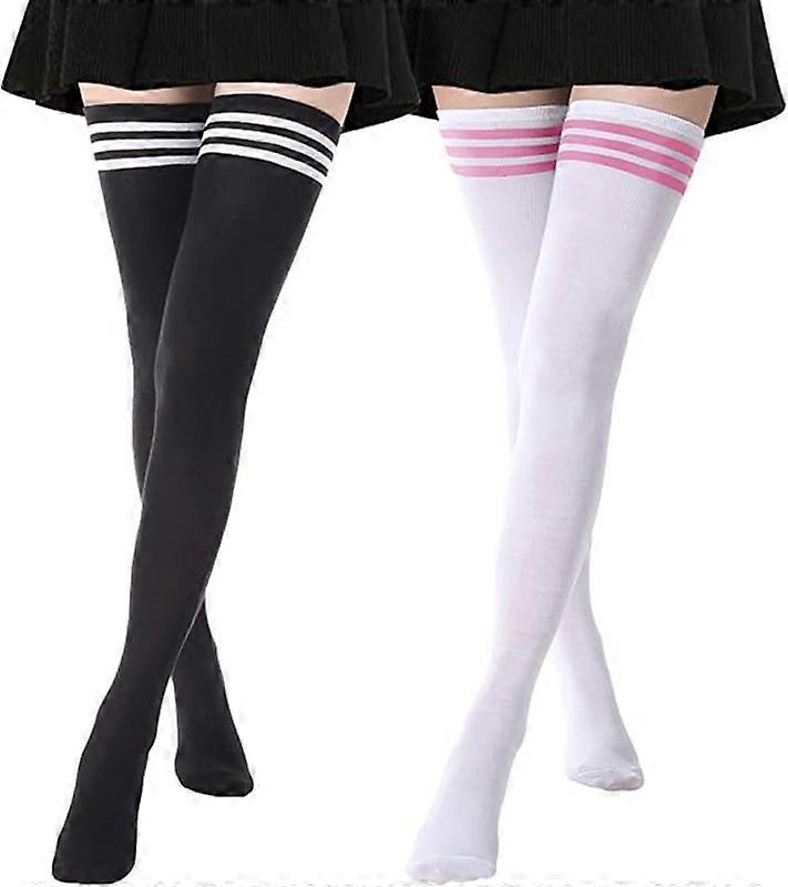 2 Pairs Extra Long High Thigh Socks Striped Over Knee Thin Tights