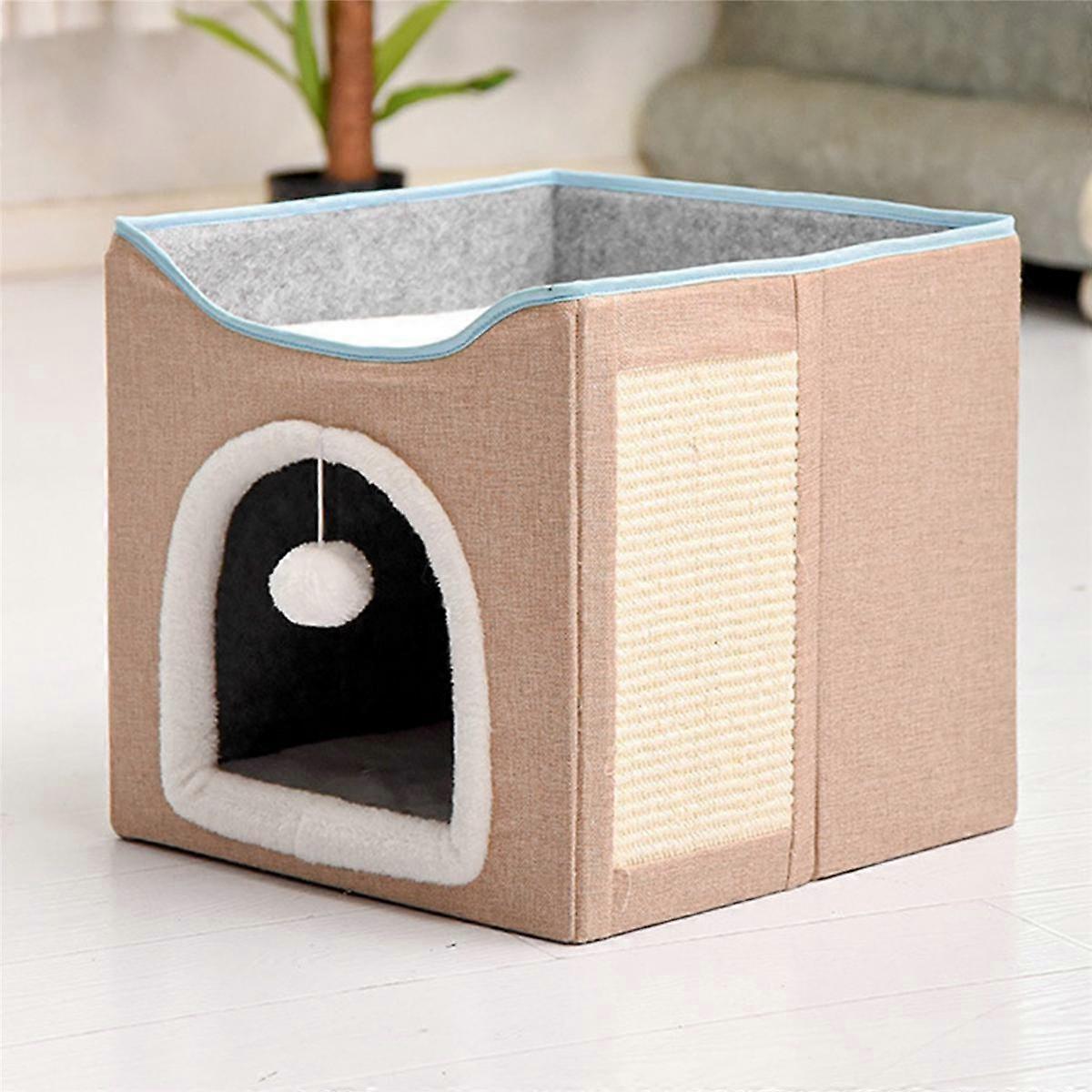 Beds for Indoor Cats - Cave for Pet House with Fluffy Ball Hanging and Scratch Pad, Foldable