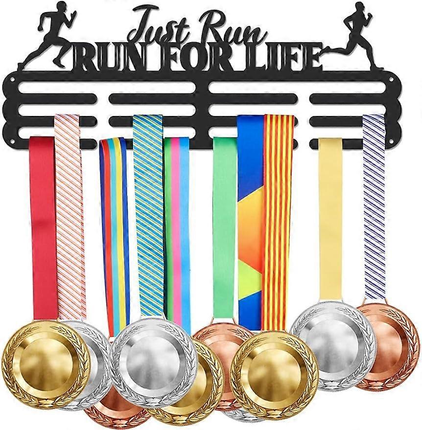 1Set Running Medal Holder Display Just Run Trophy Hanger Rack Motivational Text Sports Metal Wall Mount with No Hooks Hang Over 60 Medals Black Gifts
