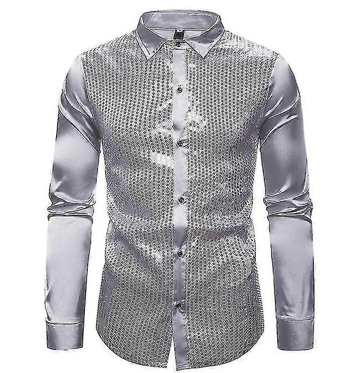 Men Shirt Sequins Long Sleeve Button Down Shirt