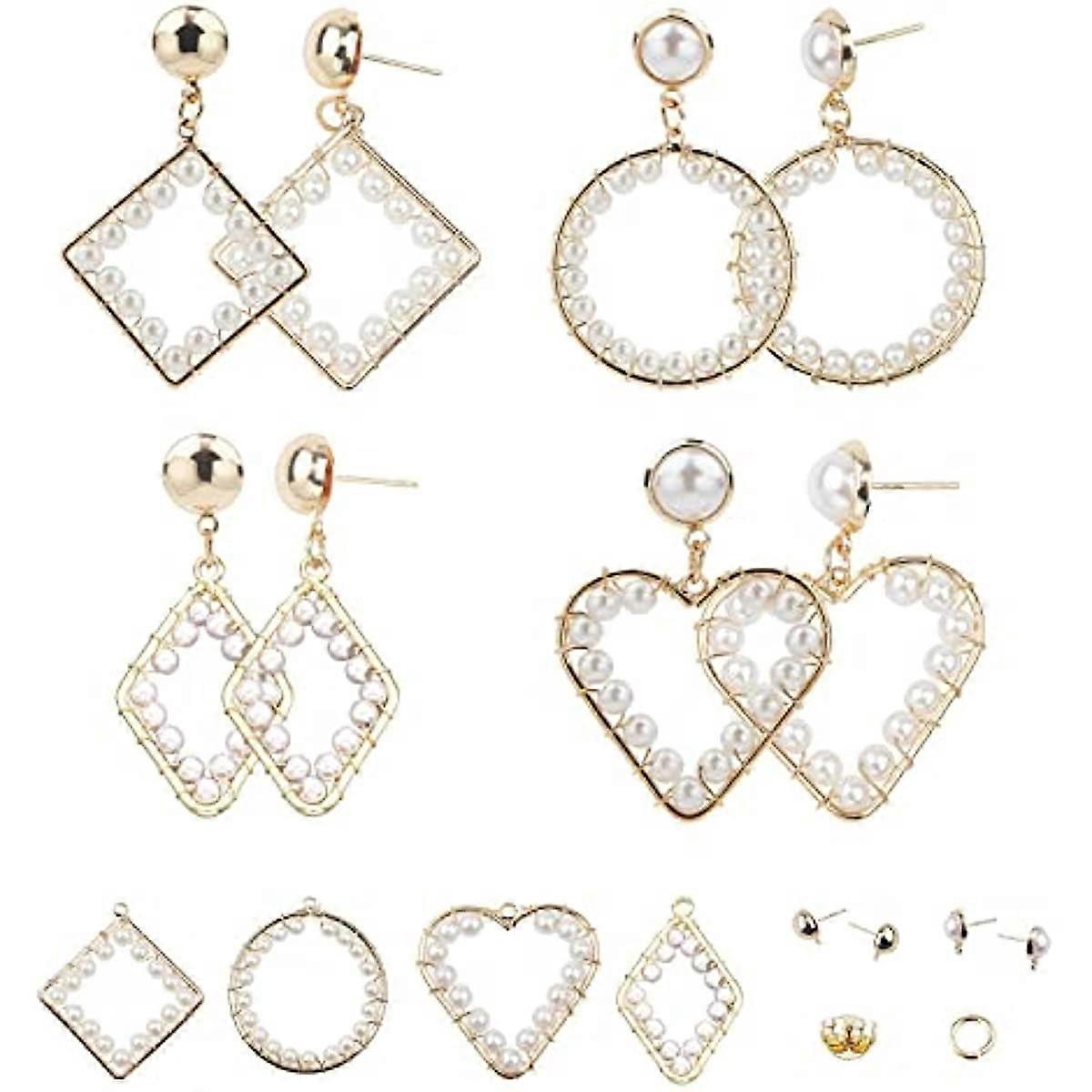 1Box DIY 4Pairs Pearl Hoop Dangle Earring Making Kit 18k Gold Plated Imitation Pearl Heart Earring Beaded Loop Drop Earrings