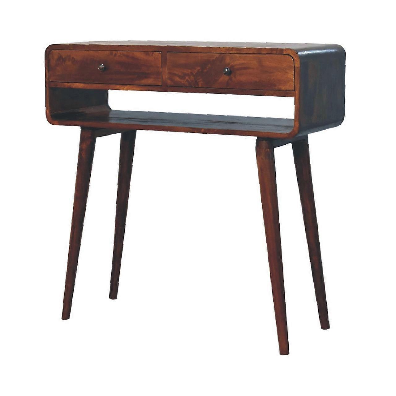 Curved Dark Wood Console Table With Drawers And Shelf