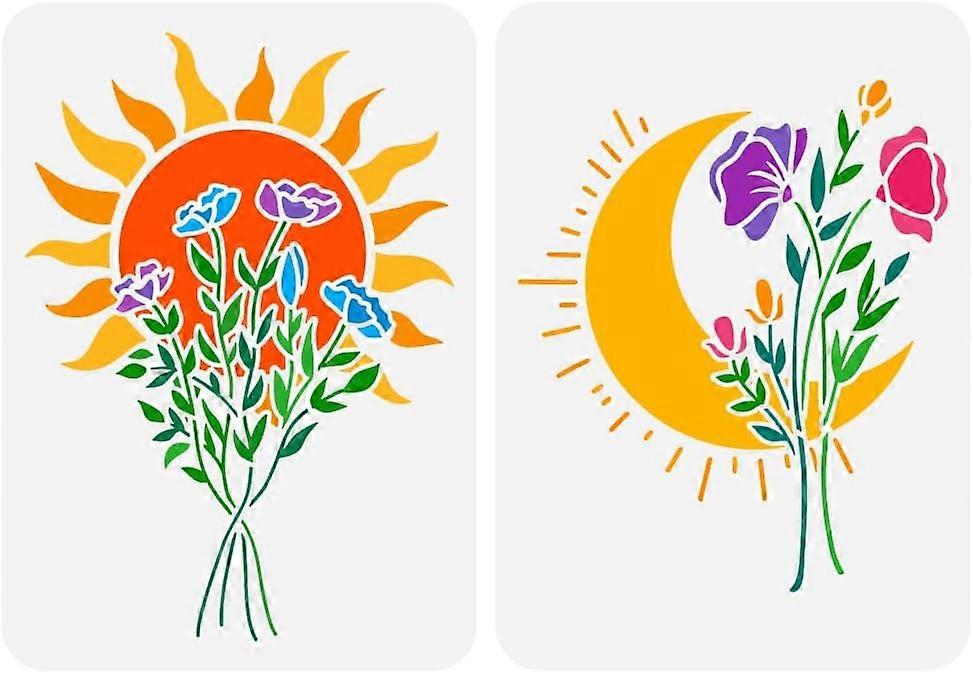 2 Pcs Boho Sun Moon Painting Stencil 8.3x11.7inch Reusable Flower Pattern Drawing Template DIY Art Boho Sun Moon Floral Decoration Stencil for Paintin