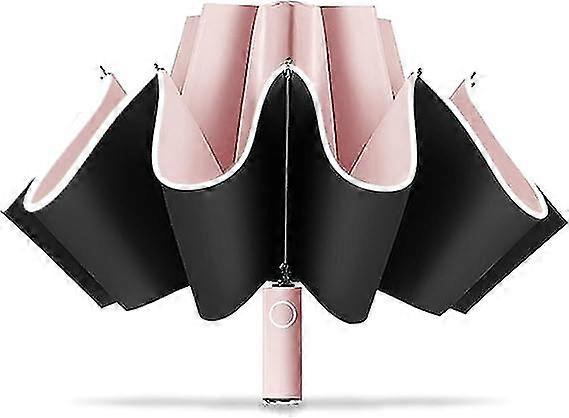 旅行傘イージーコンパクト折りたたみ傘、雨用傘、防風傘反射ストライプ付き逆傘 - ピンク