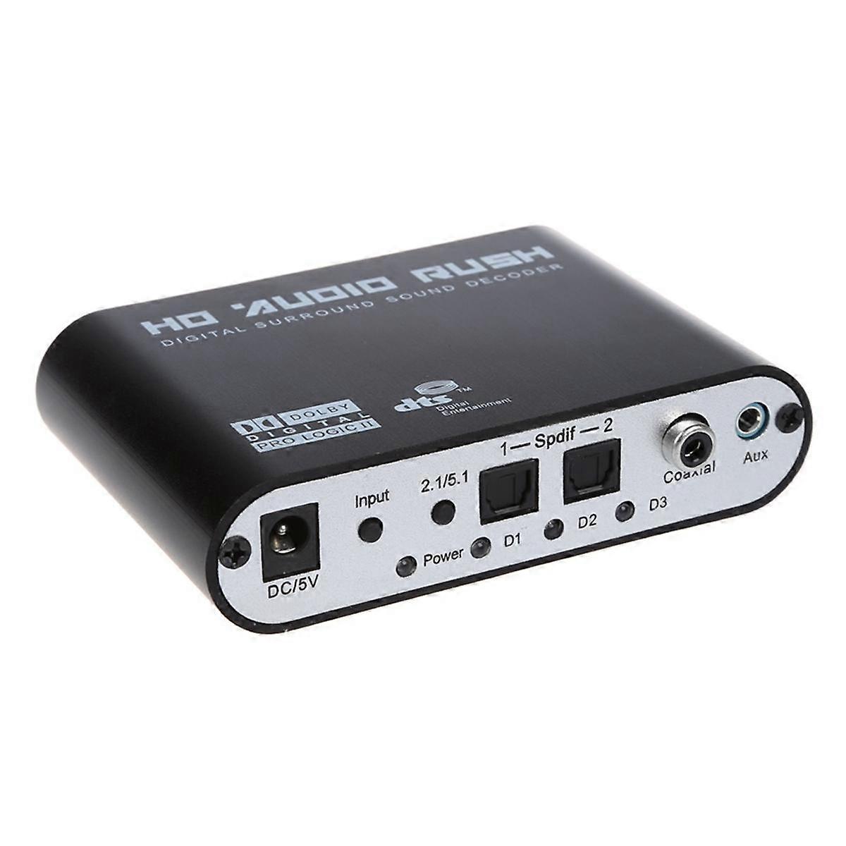5.1 Audio Rush Digital Sound Decoder Converter - Optical SPDIF/ Coaxial AC3 DTS stereo(R/L) to 5.1CH Analog Audio (6RCA Output) Black