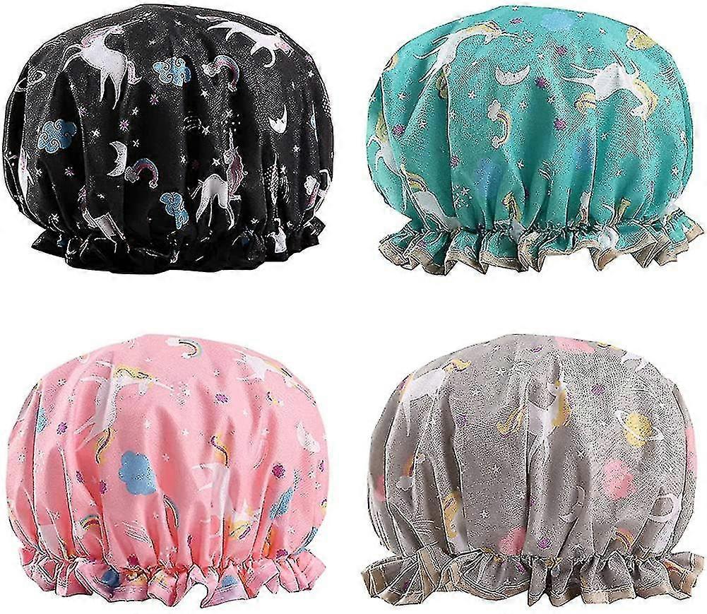 4 Pcs Shower Caps, Reusable Waterproof Shower Cap Polyester Unicorn Shower Caps