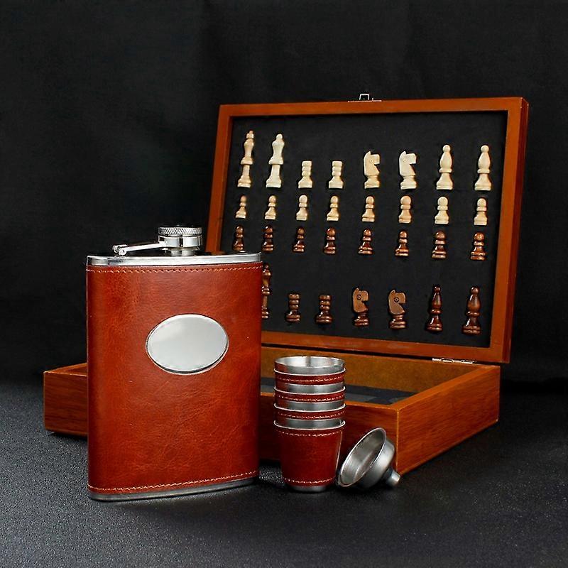 1 Set 8oz Stainless Steel Hip Flask, Wine Cups Funnel And Chess Box Set, 9.44.7"