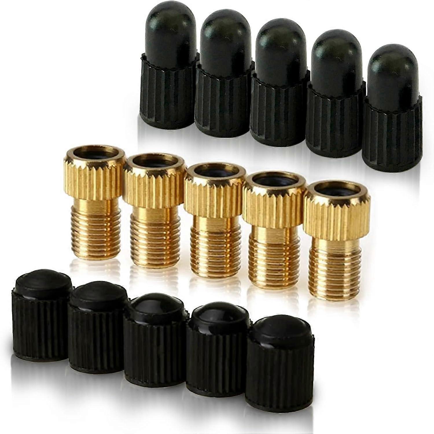 Brass Presta Valve Adapter (5 Pack + 10 Caps) - Convert Presta to Schrader for Bicycles, E-Bikes, and E-Scooters