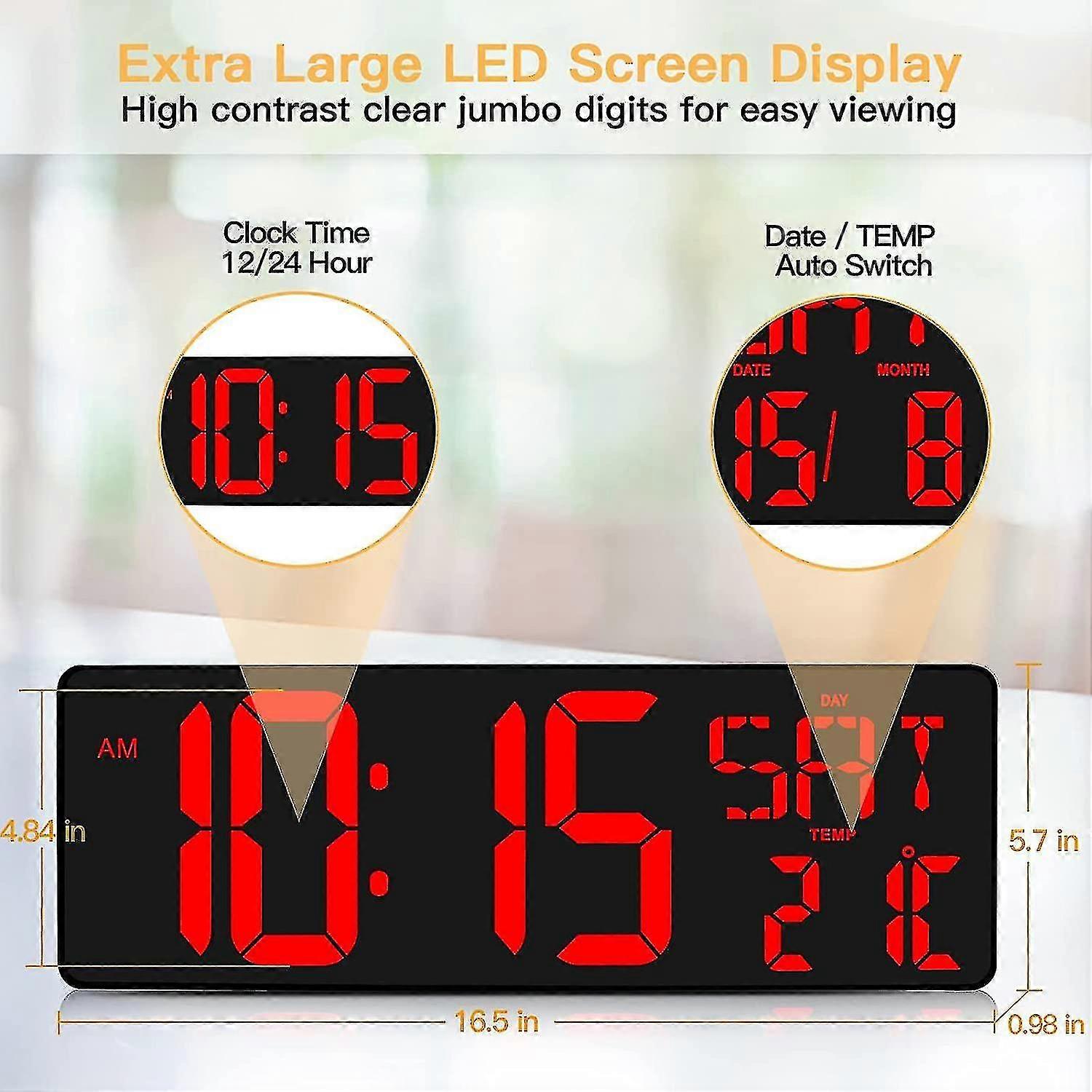 リモートコントロール付きデジタルウォールクロック、16.5"LEDデジタル目覚まし時計、大型ディスプレイ付きカウントダウンタイマー