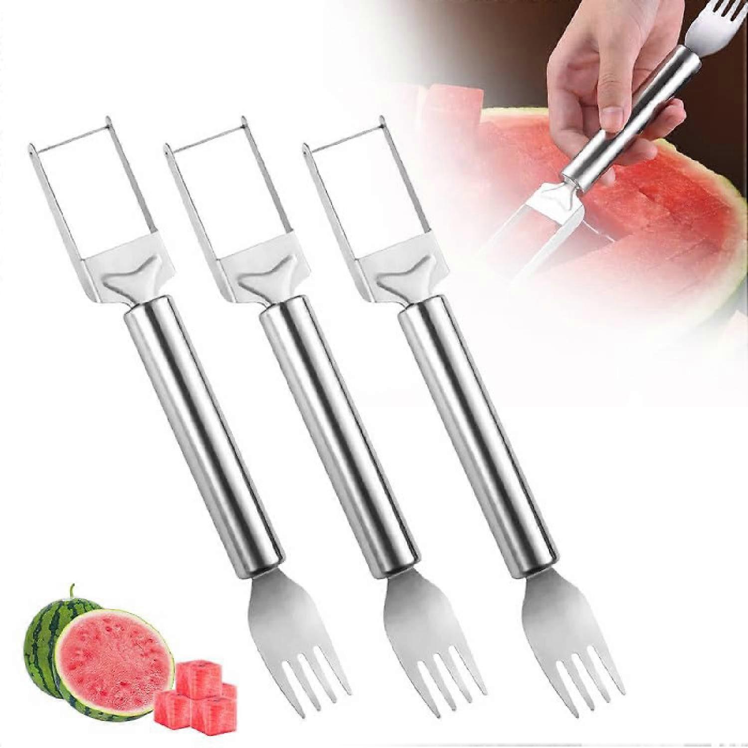 Upgraded 2-in-1 Stainless Steel Fruit Cutter, 2024 New Watermelon Fork Slicer Cutter Slicer Tool, Dual Head Fruit Forks Slicer Knife with Round Handle