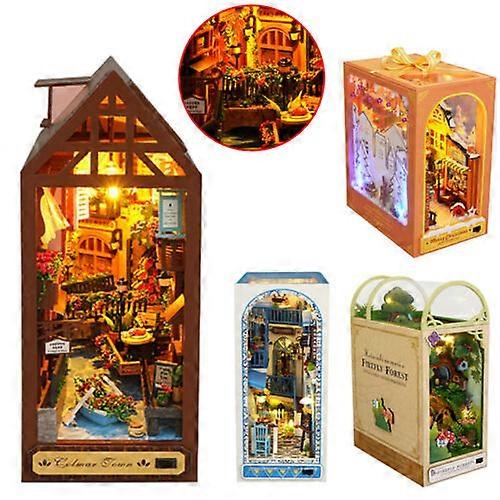 3D Wooden Puzzle Bookend, Diy Book Nook Miniature Kit, Bookshelf Insert Decor With Led Light And Furniture,50% Offer