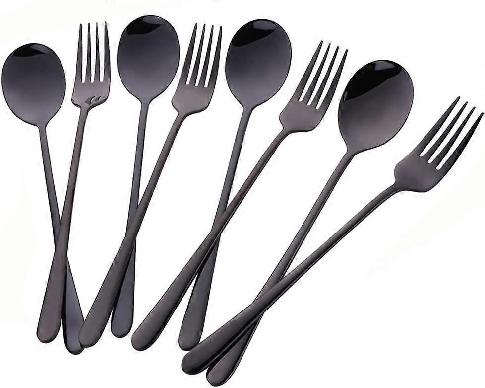 4 Sets Black Spoon Fork Set for Rice Noodles Meals Spaghetti Salad Ice Cream Pizza