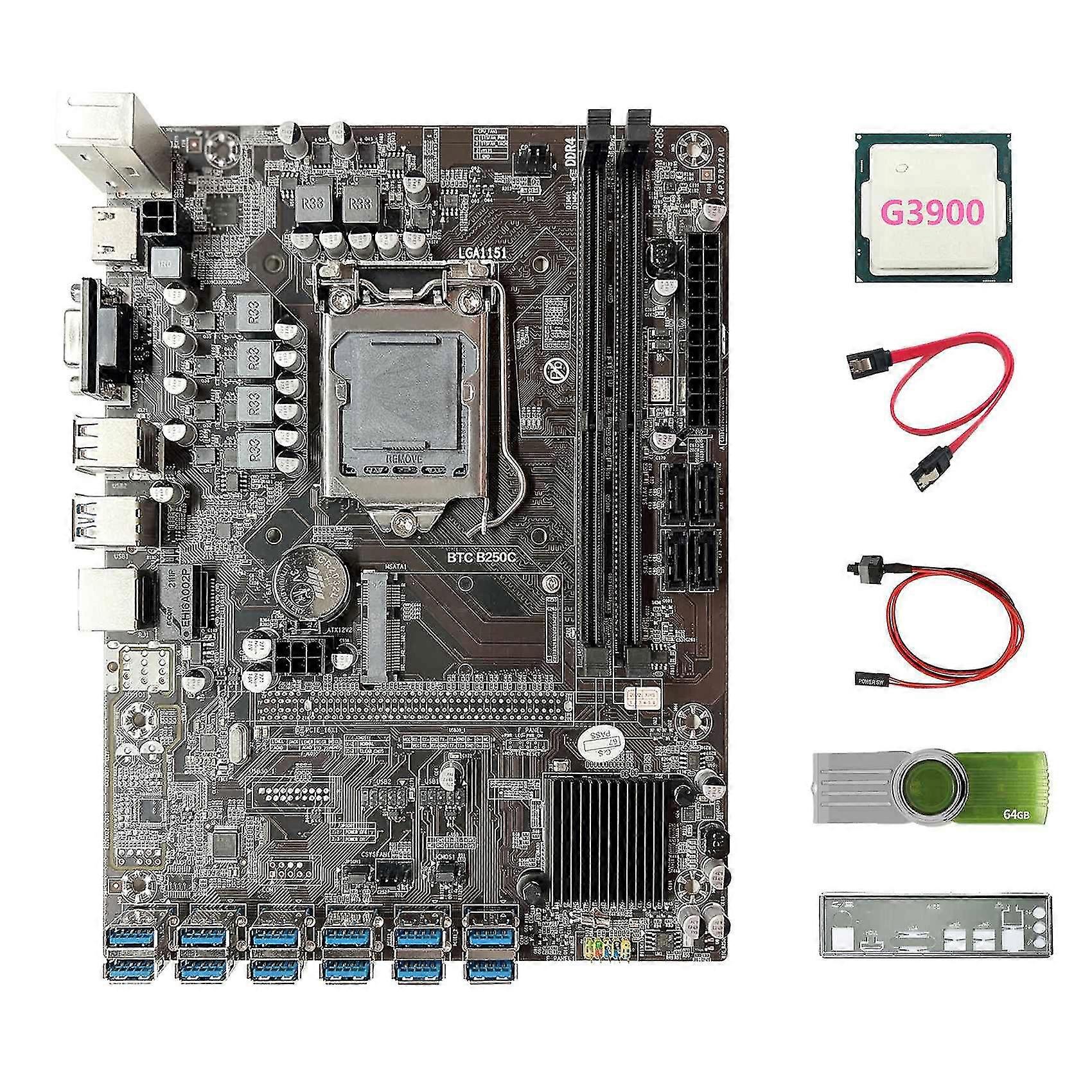 B250C BTC Miner Motherboard+G3900 CPU+64G USB Drive+Baffle+SATA Cable+Switch Cable 12 USB3.0 DDR4 L