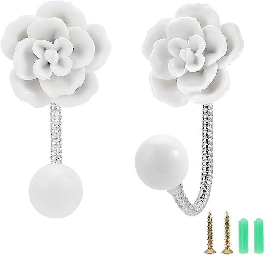 2 Sets Flower Ceramic Wall Hooks White Floral Wall Coat Hooks Decorative Robe Hooks with Screw and Anchor Plug for Scarf Bag Towel Hat in Hallway Kitc
