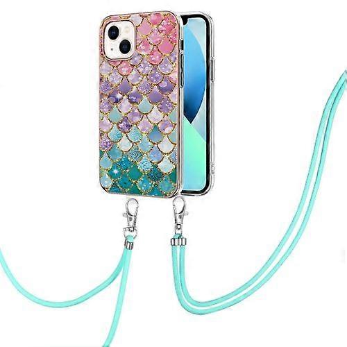 For iPhone 15 Electroplating Pattern IMD TPU Shockproof Case with Neck Lanyard