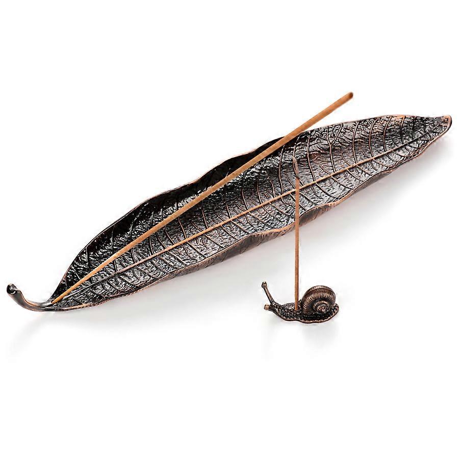 Portable Bronze Leaf and Snail Incense Burner with Ash Catcher Tray