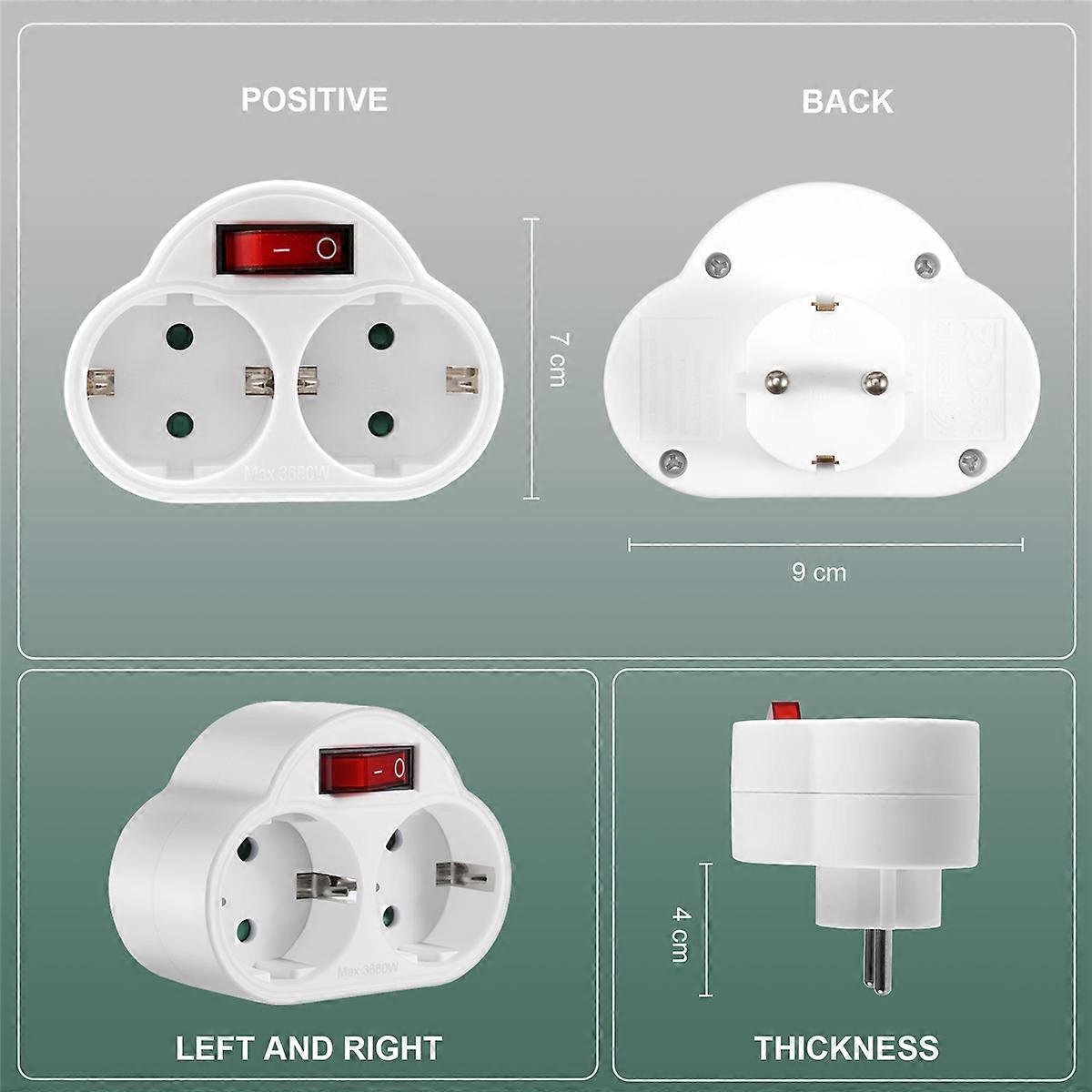 2Pcs Socket Adapter with Switch, 250V/16A 3680W Portable Sockets Wall Plate Socket for Office, Home, Travel EU Plug