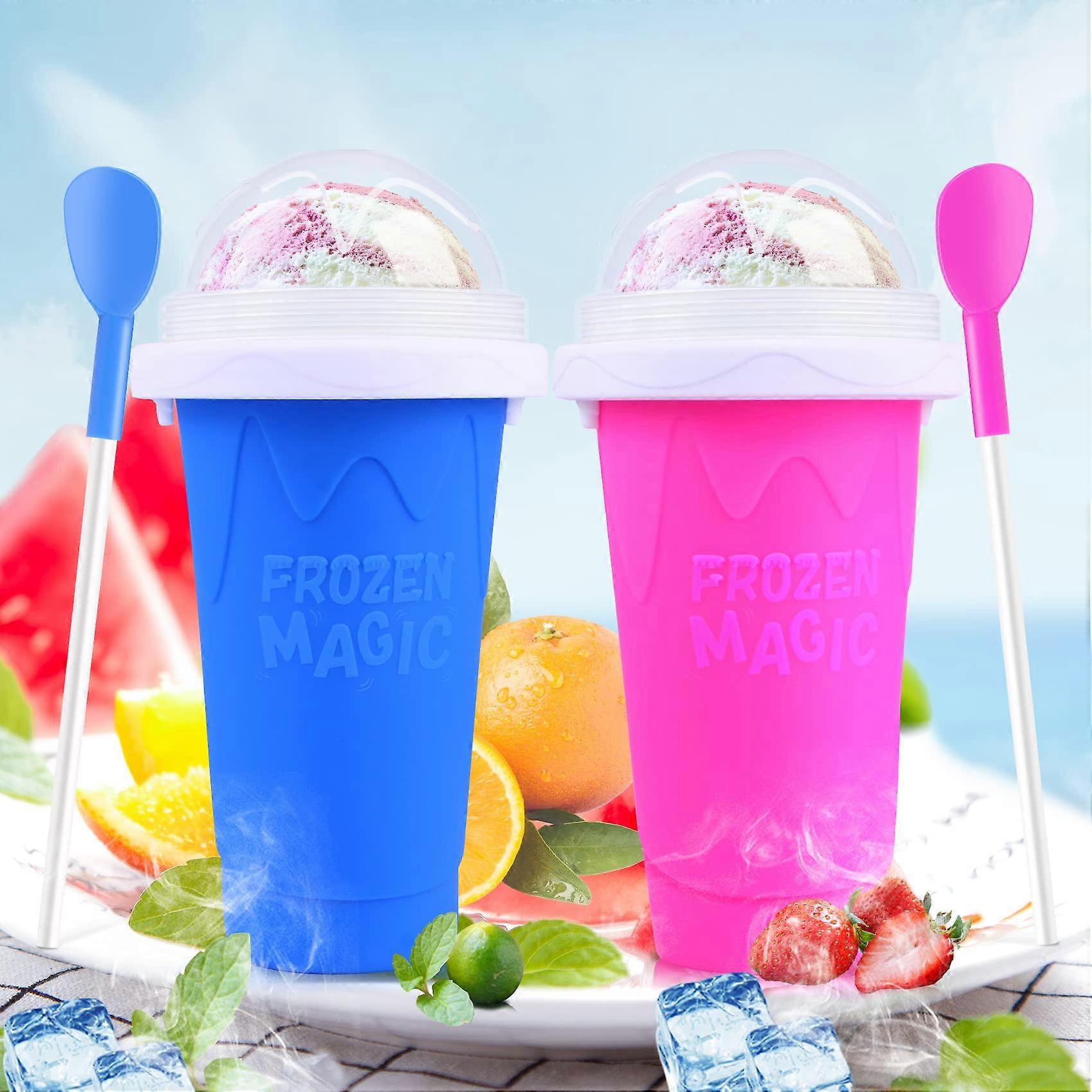 Slushie Cup 2 Pack DIY Slushy Maker Cups with Lid and Straw, Blue and Pink Squeeze Cups for Ice Cream, Juice, Milk, Yogurt