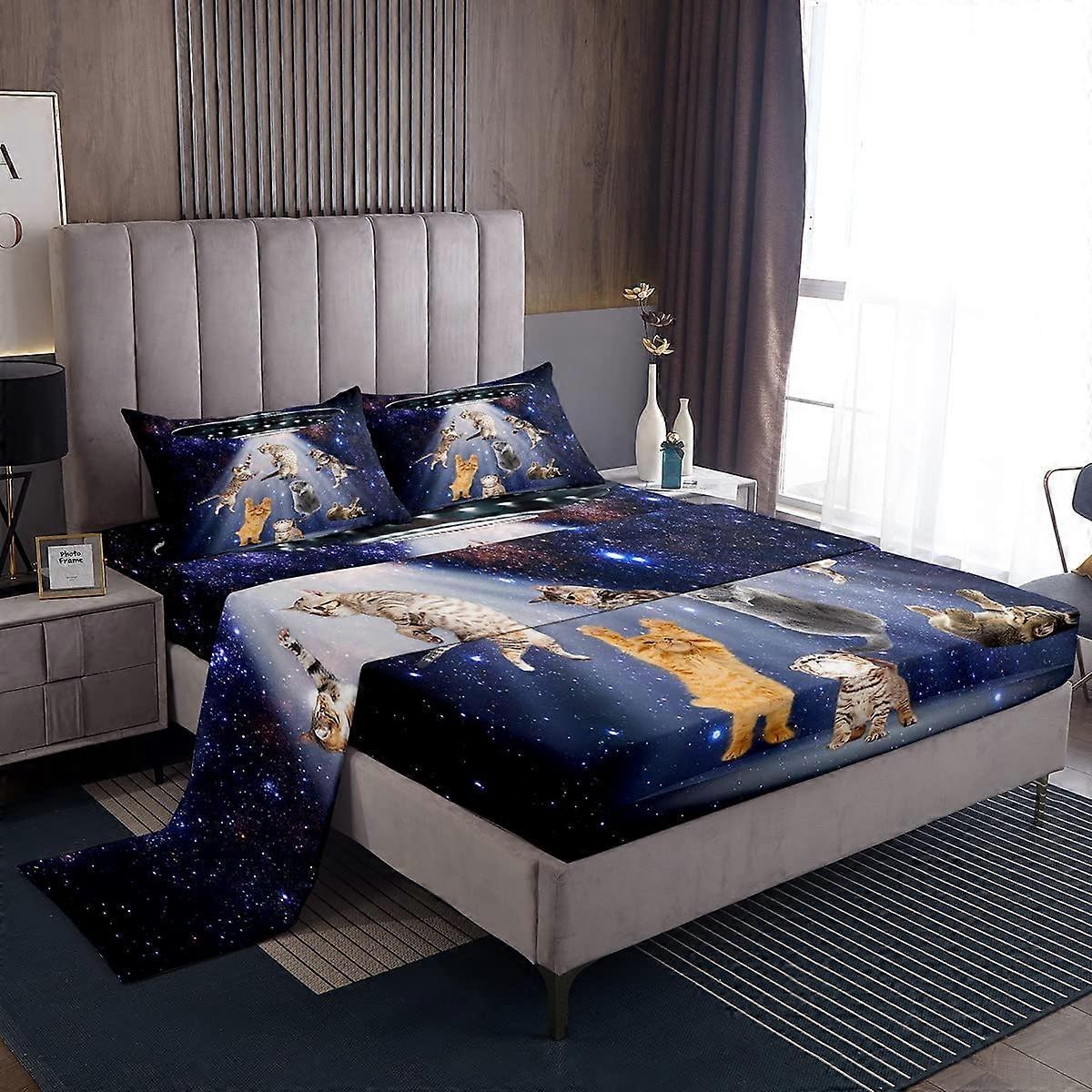 Cat Bed Sheets Outer Space Cute Cats Sheet Set 4Pcs Queen Size Galaxy Nebula Pet Bedding Decorative Animal Design