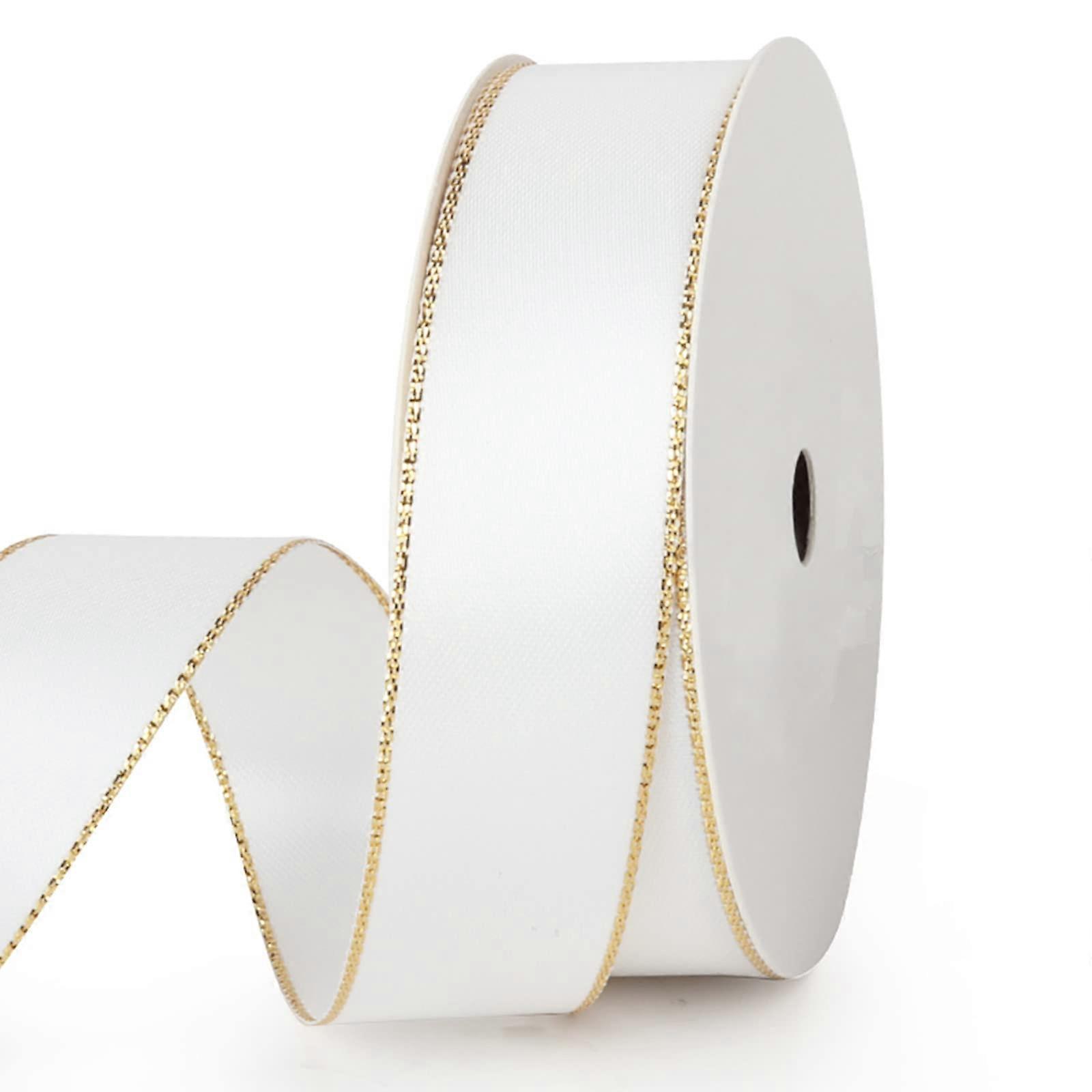 White Double Faced Satin Ribbon with Gold Edge, 1' Polyester Continuous Ribbon -25 Yards