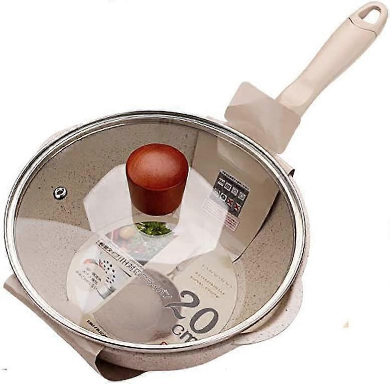 24CM Beige Maifan Stone NonStick Pan with Lid Household Frying and Frying with Pan Wok Japanese Style Small Wok Induction Cooker Gas Stove General