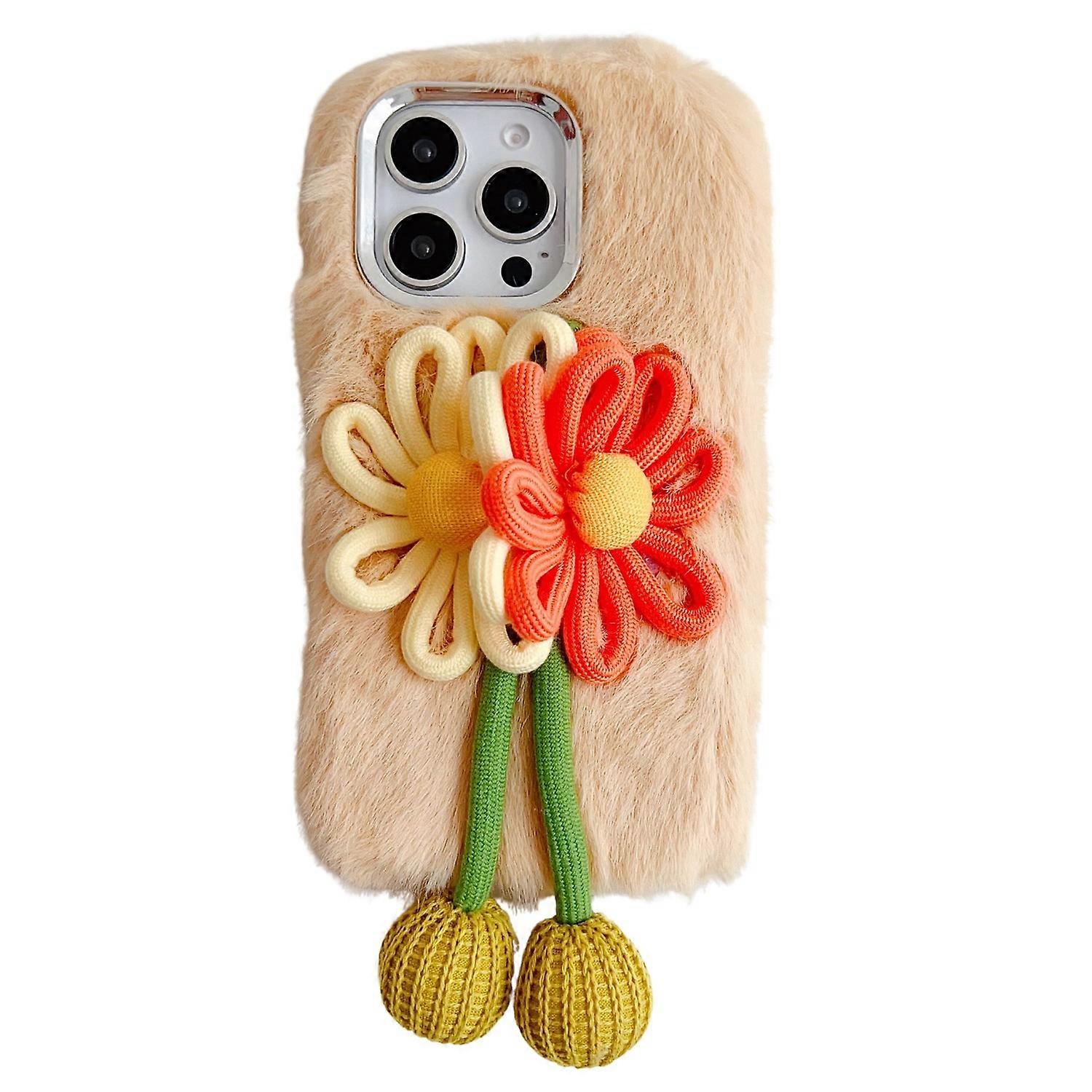 For iPhone 16 Pro Max Case Two Flowers Decor Outer Fluffy Plush Inner TPU Phone Cover
