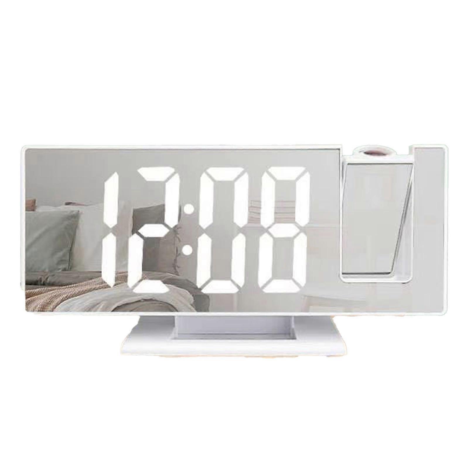 Large Display LED Digital Alarm Clock Modern Mirror Design With Projection Function Multi-Purpose White Case White Light Compact Size With Button Batt