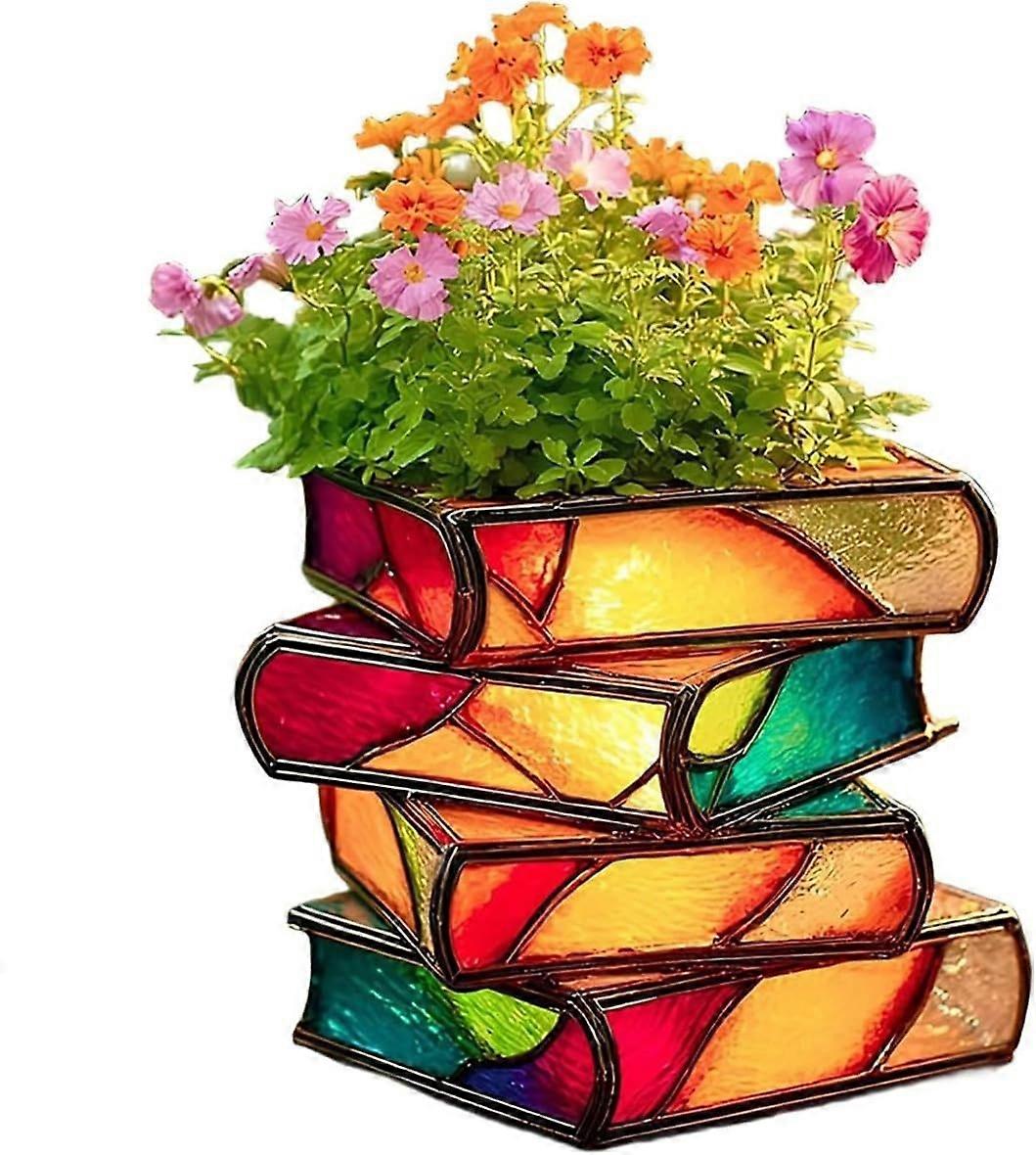 Stacked Books Flower Pot, Novelty 3D Painted Books Vase for Flowers, Colored Acrylic Book-Shaped Decorative Planter Books, Collection Gifts for Litera