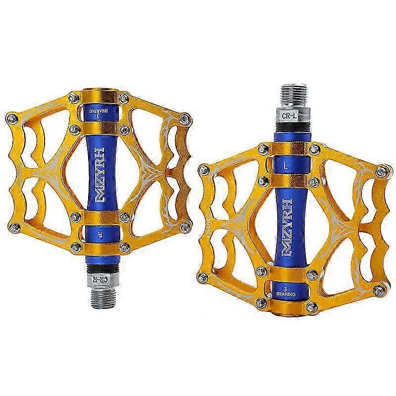High-Strength Non-Slip Mountain Bike Pedals with 3 Bearings, 9/16 Compatible, Gold and Blue Design