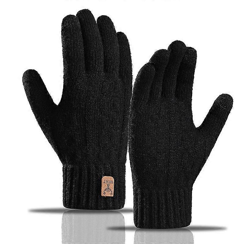 1 Pair Men Winter Knitted Gloves Touchsreen Thick Warm Windproof Elastic Five Fingers Anti-slip Plush Soft Outdoor Camping Full Finger Gloves