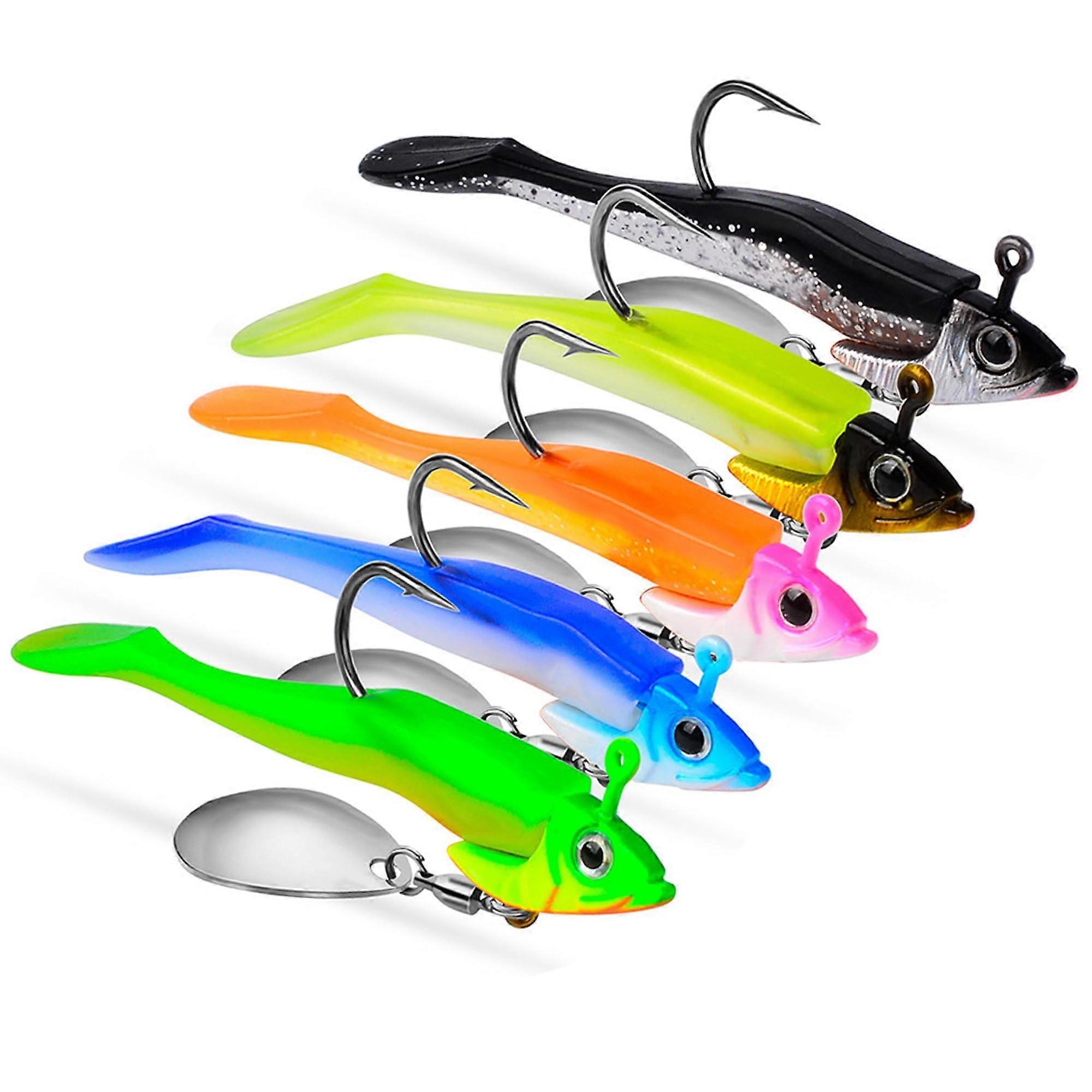 3D Fish Head Lead Hooks Set 5pcs 7.5g with Soft Bait, Fishing Jig Heads, Anti Bottom Spinning Lures, Colorful Design