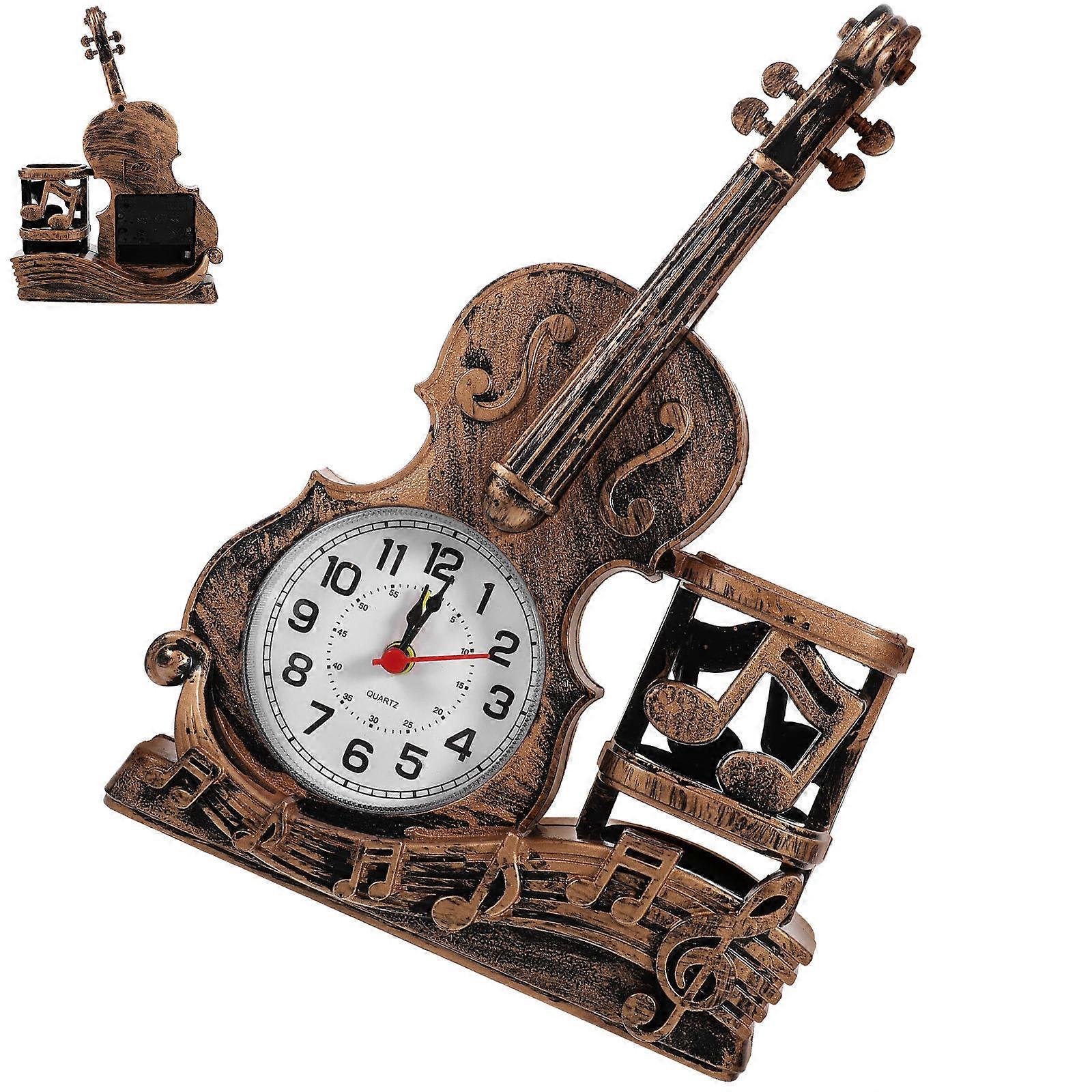 Creative Musical Clock, Violin Inspired Tabletop Ornament with Pen Organizer