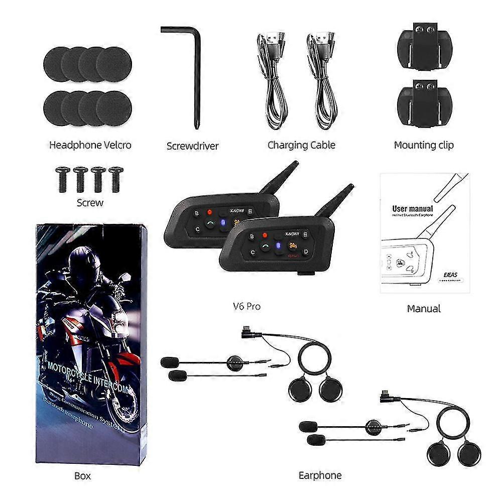 V6 Plus Motorcycle Helmet Headsets Bluetooth 5.0 Wireless Intercom Walkie-Talkie Handsfree Music 1500M Communicator for 6 Riders Dual Mic