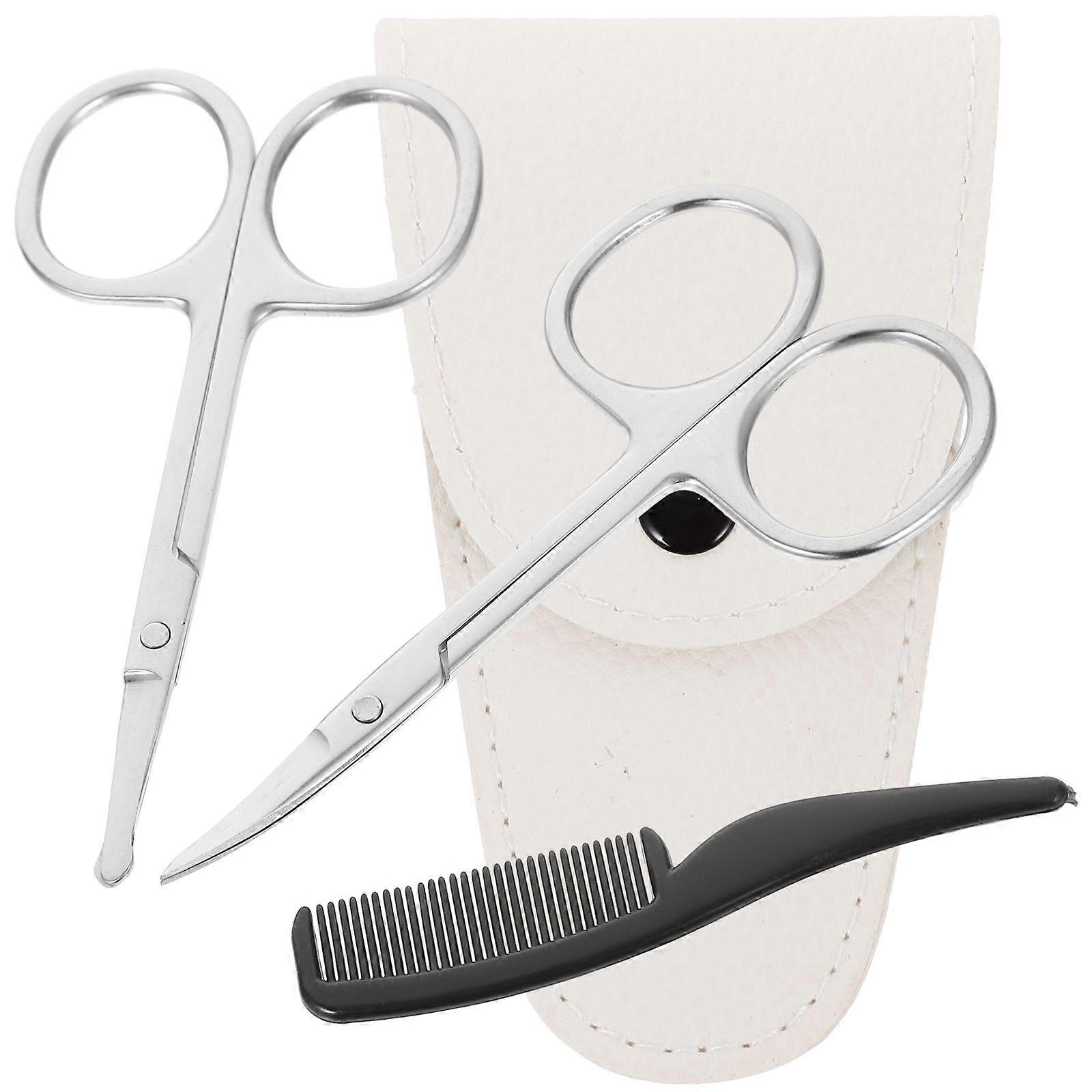 4pcs Beard Scissors Set Stainless Steel Small Precision Scissors Nose Hair Trimmer Beauty Grooming Kit (Pointed Scissors+Round Scissors+White Leather 