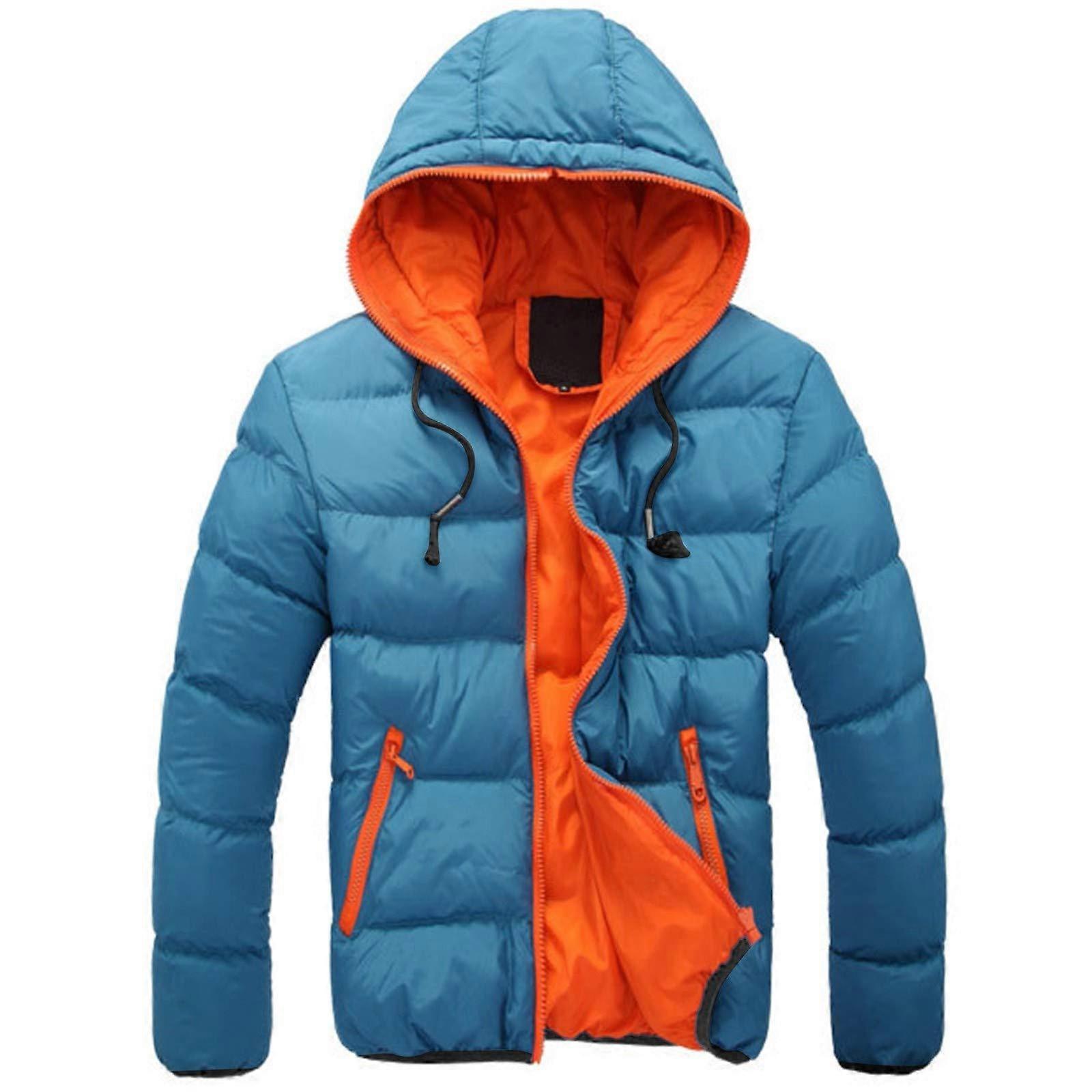 Men's Winter Jacket Colour Block Hooded Padded Bomber Coat with Faux Fur, Quilted Stand-Up Collar, Size M, Blue